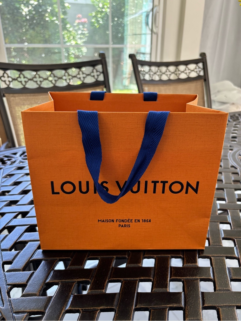 Authentic Louis Vuitton Orange Gift Bag with Blue Ribbon Handles